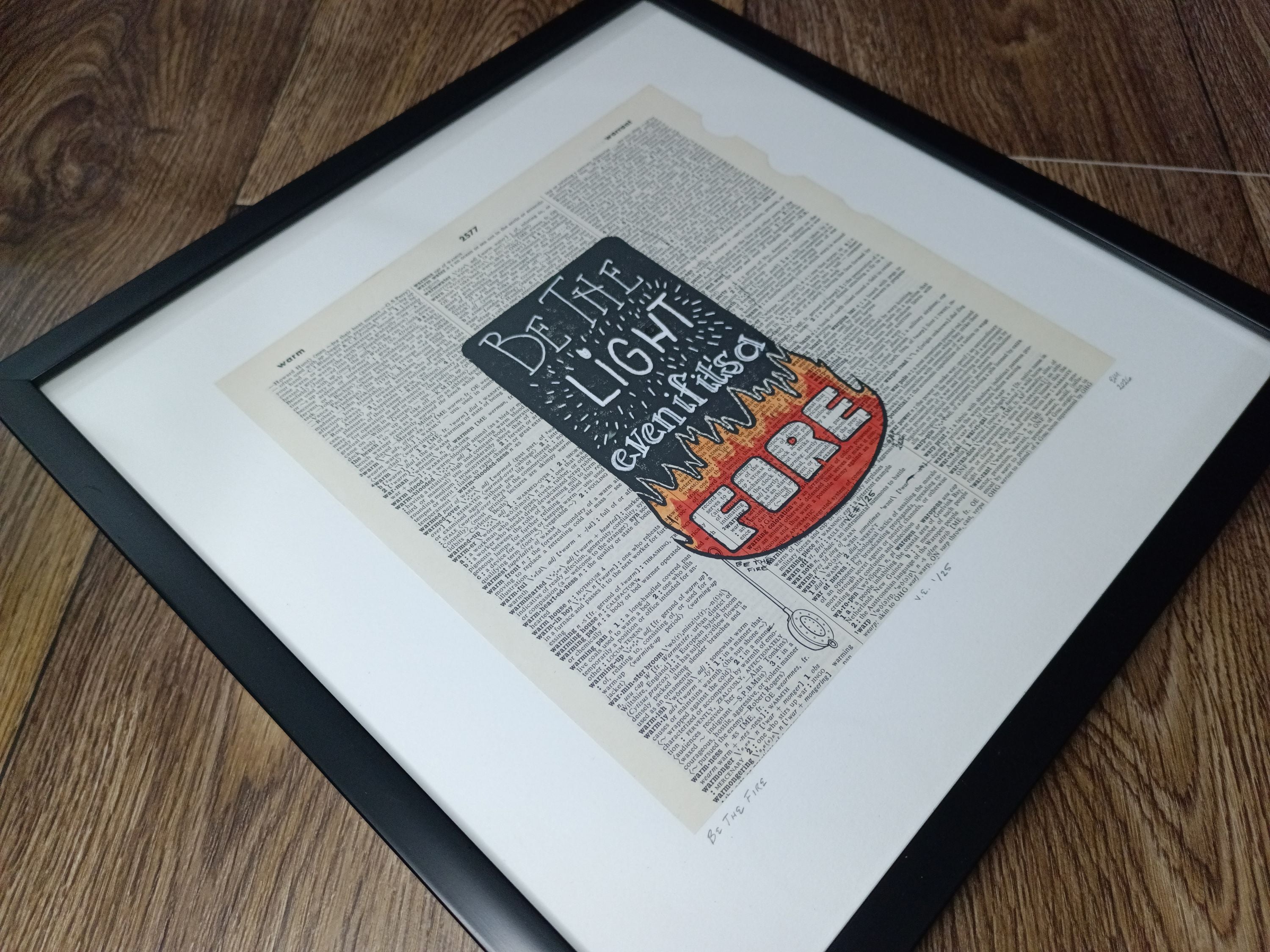 Be the Light V.E. 1/25 - Original Block Print on Vintage Dictionary Page