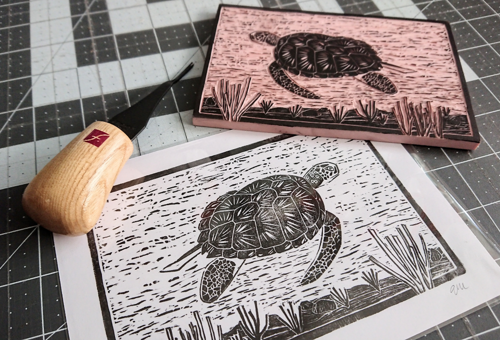 Block with block print and carving tool